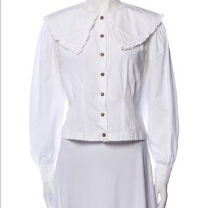 Ganni Organic white cotton button down shirt ruffle collar